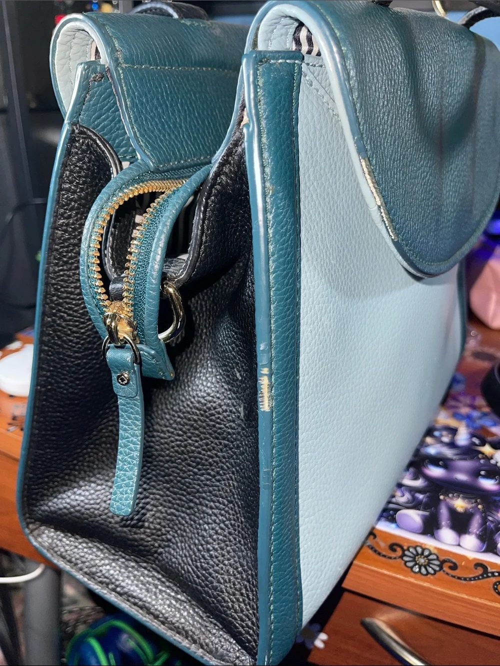 kate spade two-tone teal and light blue leather satchel